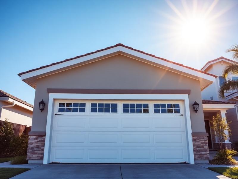 Garage door in summer sunlight requiring seasonal maintenance