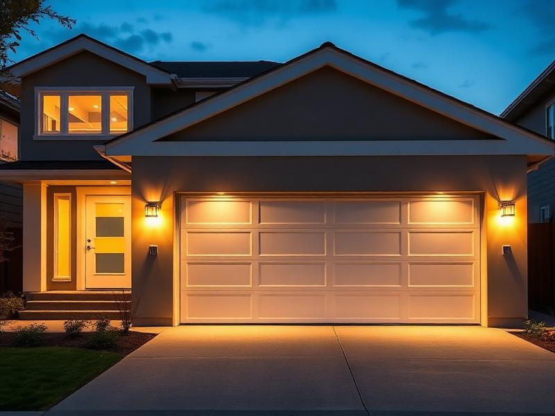 Home garage with motion-activated security lighting at dusk