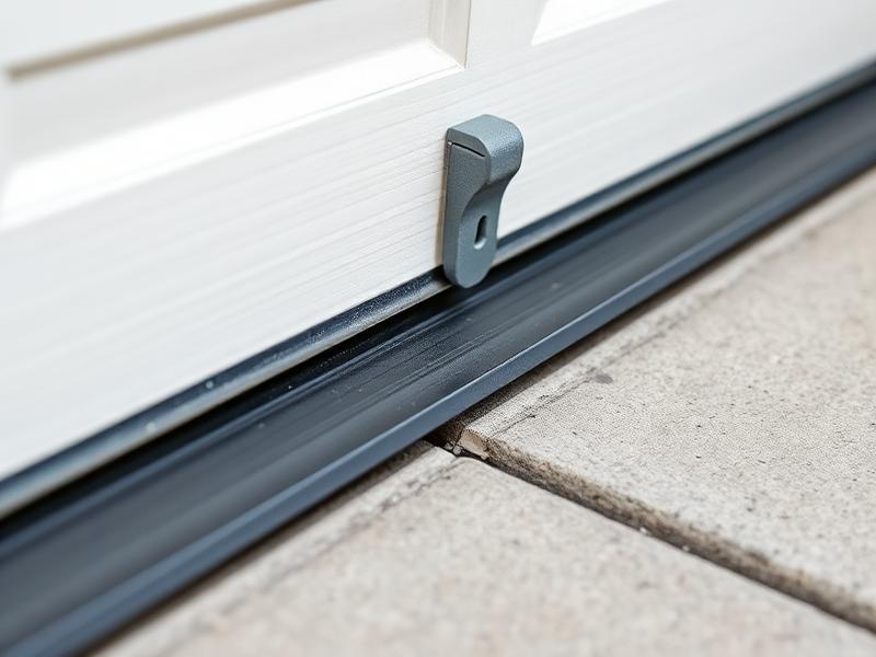 Garage door weatherstripping installation showing rubber seal at bottom of door