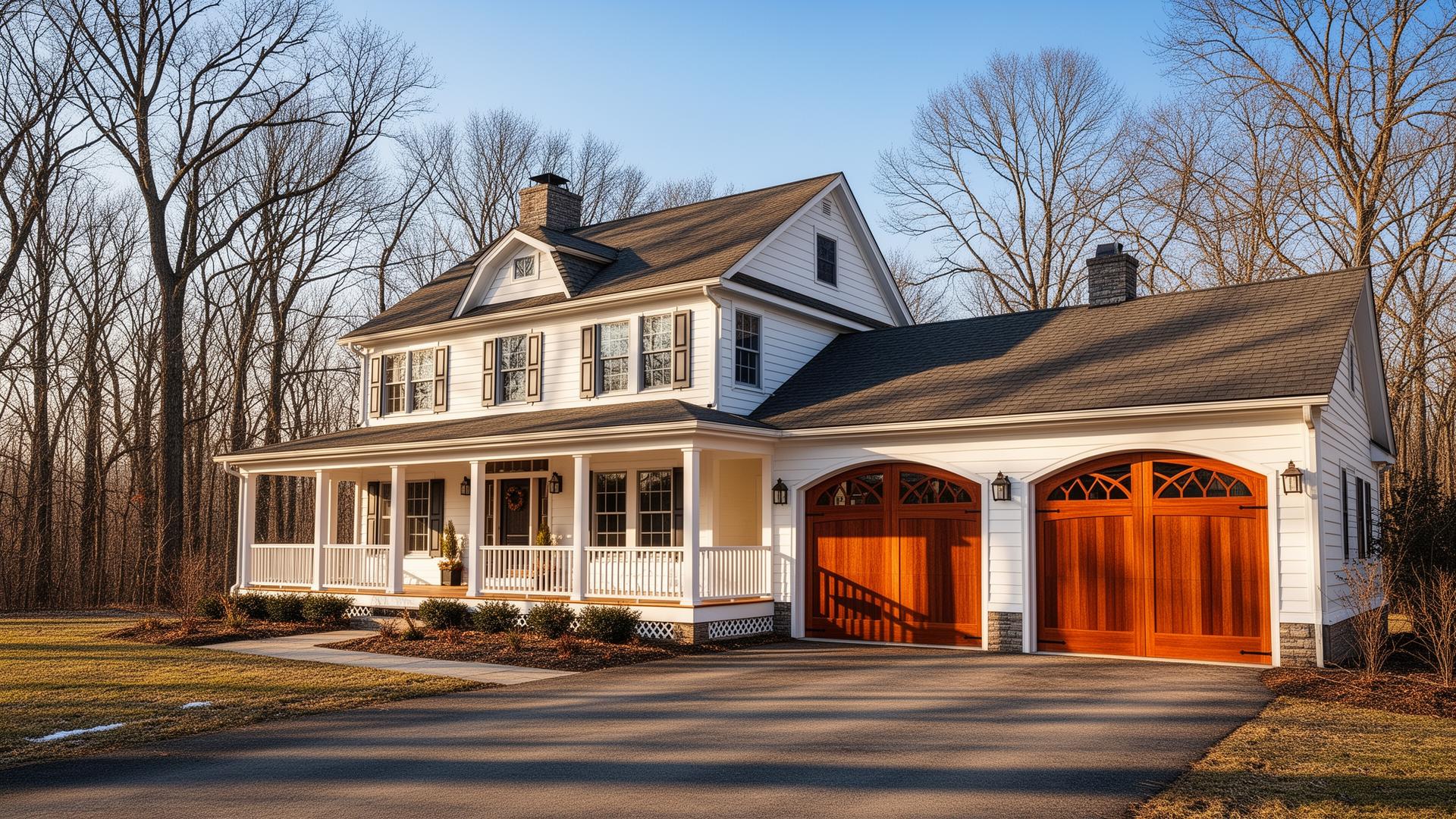 Beautiful farmhouse with elegant mahogany wood garage doors with arched windows - professional garage door installation by Harwinton Garage Doors