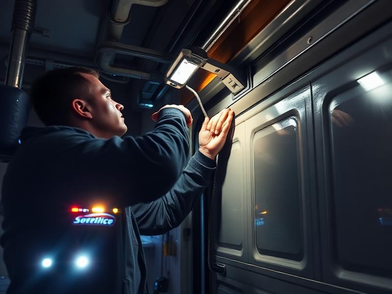 Emergency garage door repair technician working at night with professional lighting