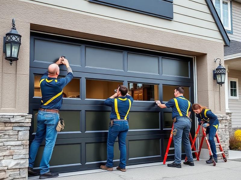 Professional team installing new contemporary steel garage door on modern home