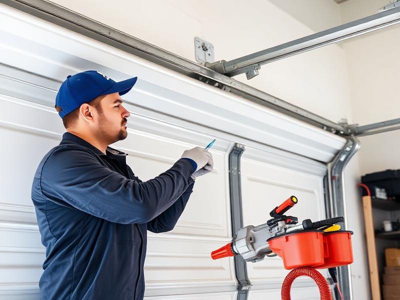 Technician performing preventive maintenance on residential garage door