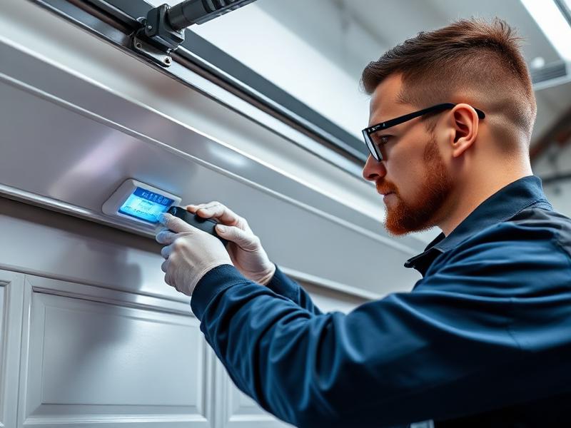 Technician calibrating garage door safety sensors during repair service